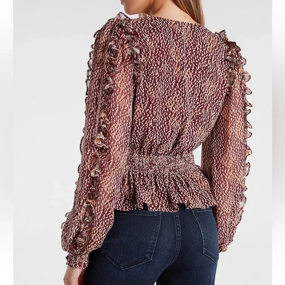 Express Printed Ruffle Wrap Peplum Top - Picture 3 of 8